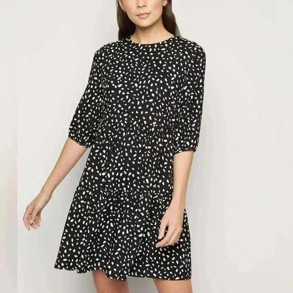 New Look. Black Spot Print Tiered Mini Smock Dress. Size US 2. NWT - Picture 3 of 11
